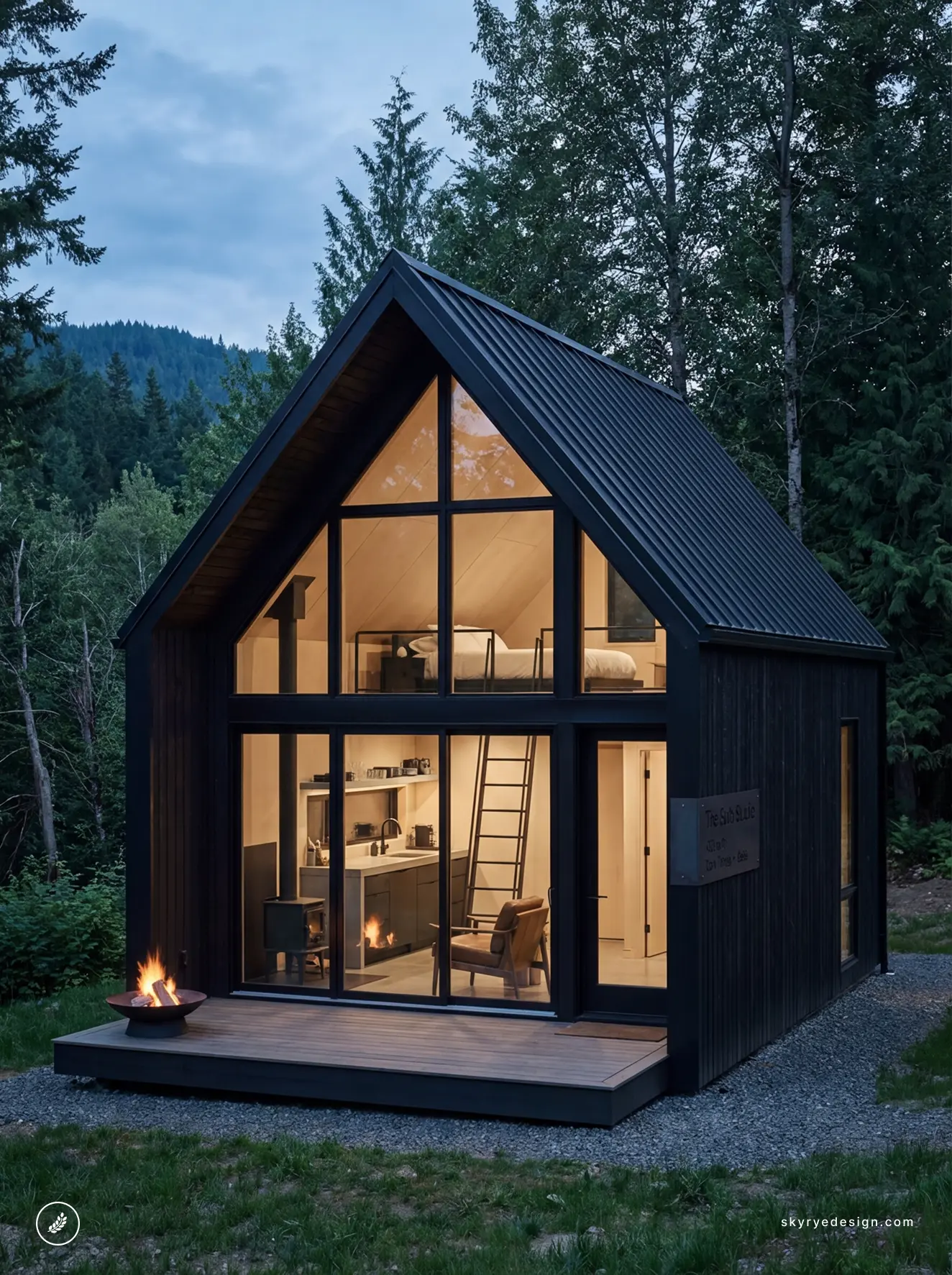 Modern black A-frame tiny cabin with floor-to-ceiling glass, warm interior lights and fire pit on deck in forest retreat