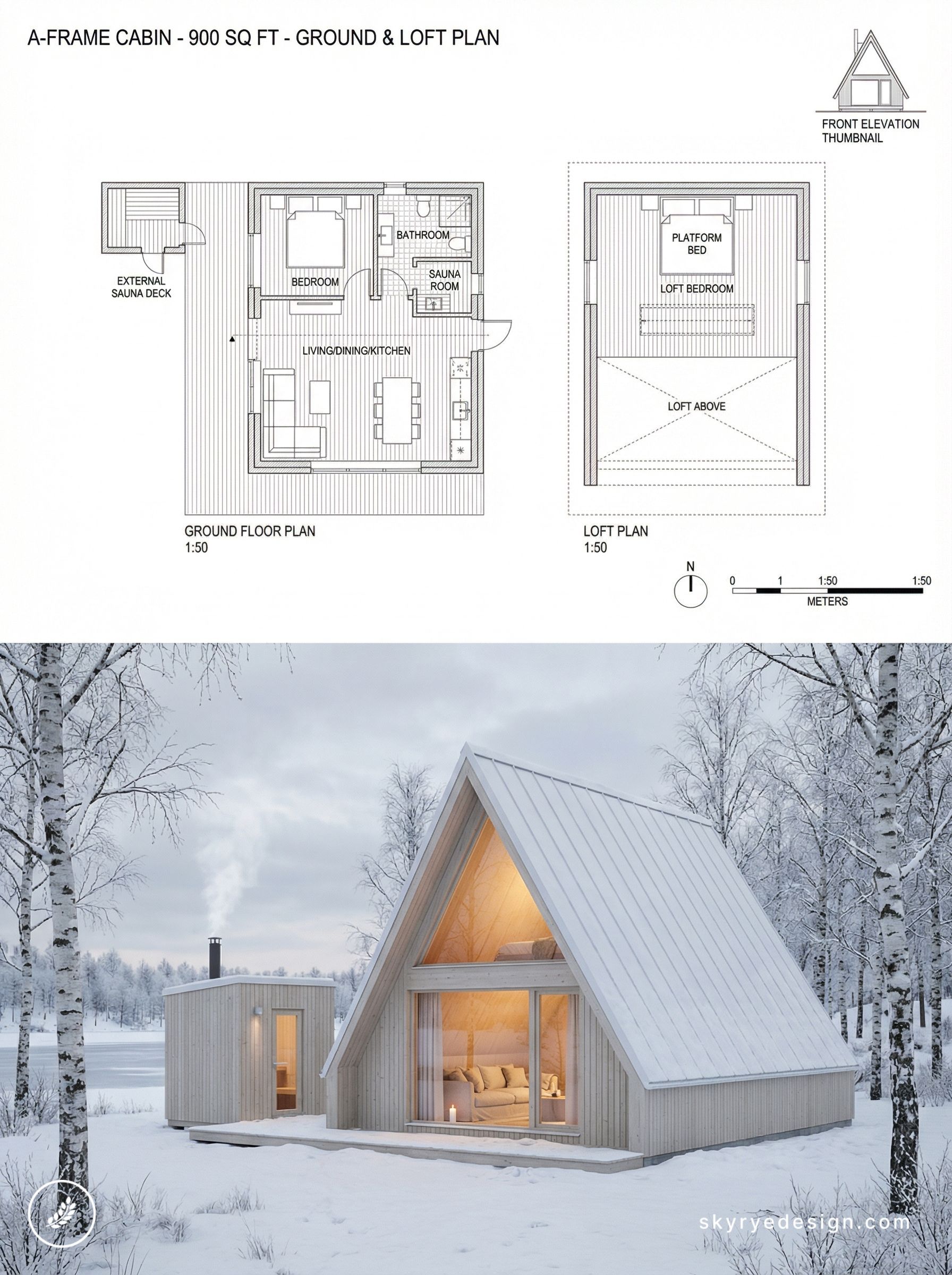 A-frame cabin 900 sq ft floor plans and winter exterior render with loft bedroom, sauna deck