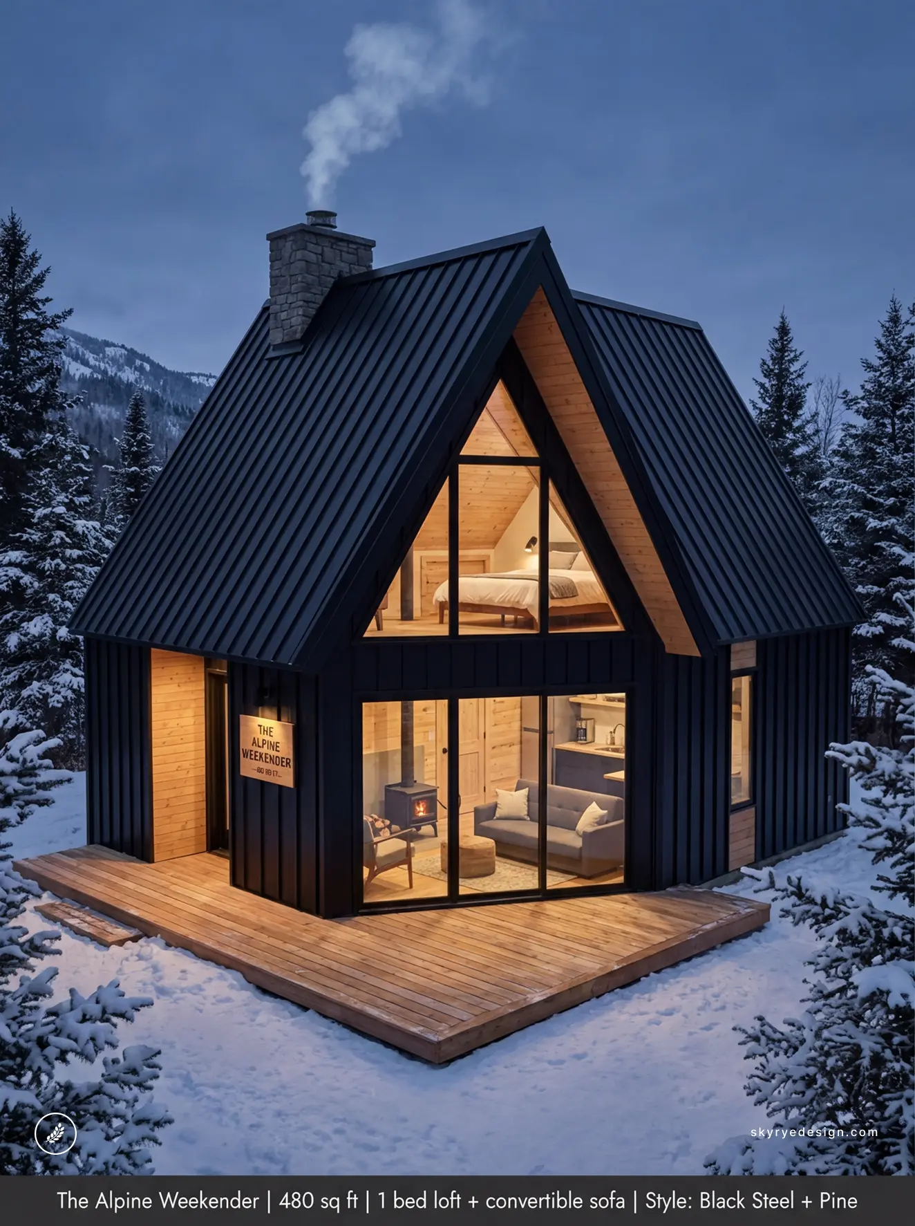 Modern black A-frame alpine cabin in snowy forest at dusk, warm-lit pine interior, wood deck, chimney smoke
