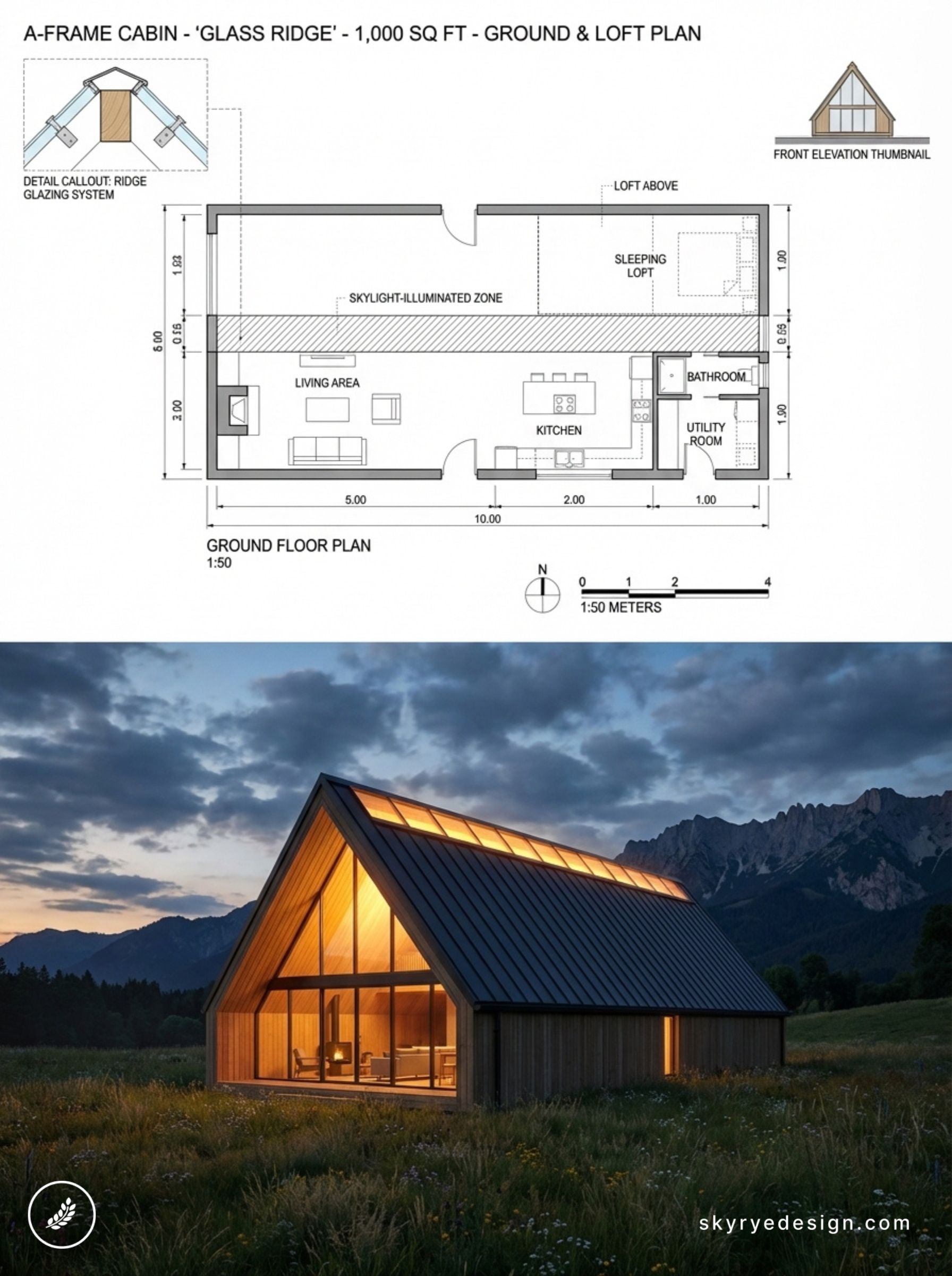 A-frame Glass Ridge 1,000 sq ft cabin floor plan and nighttime exterior render with glazed ridge, mountain backdrop