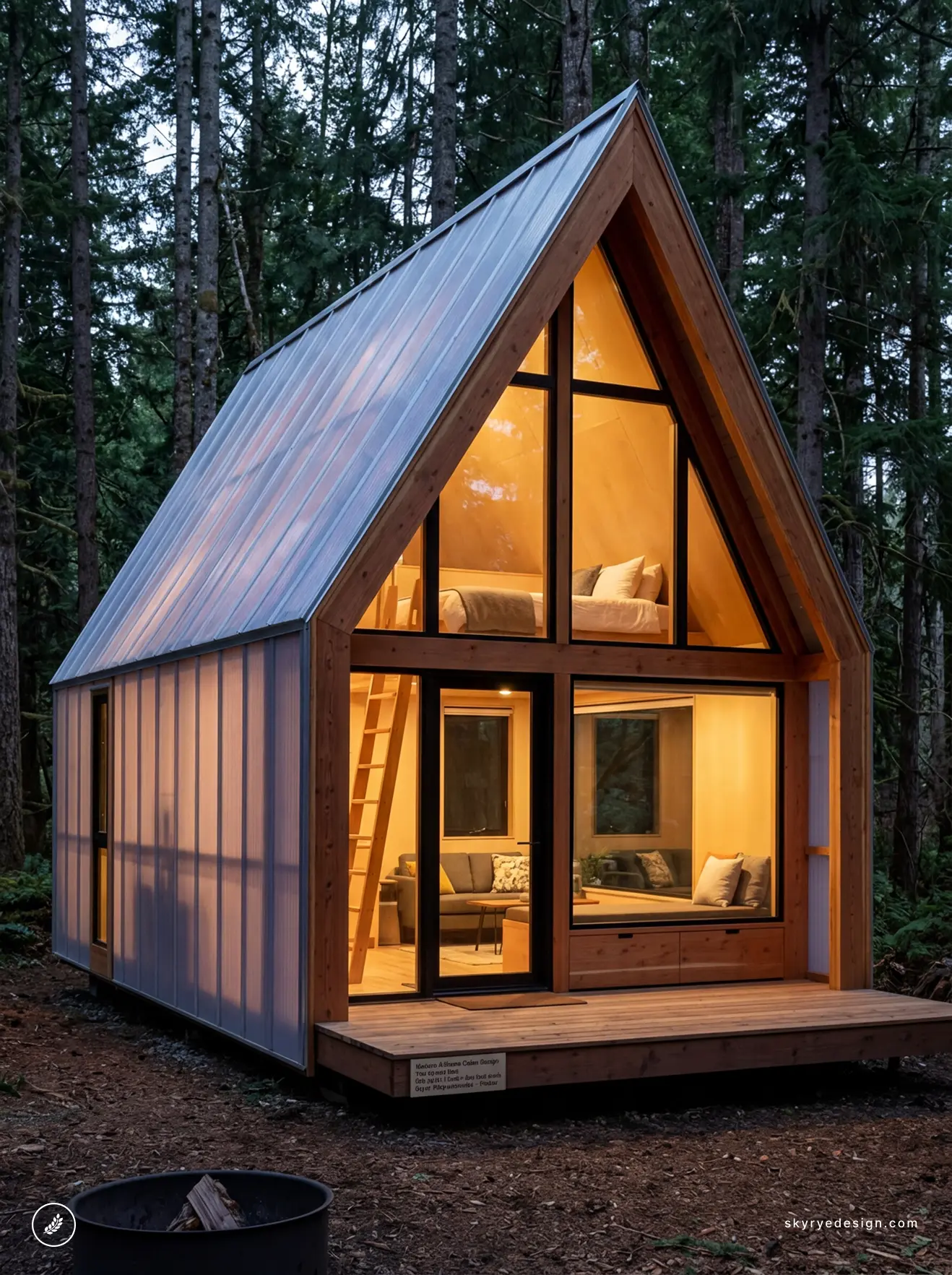 Modern A-frame tiny cabin with glass front, glowing cozy interior and loft bed on wooden deck in a forest retreat.