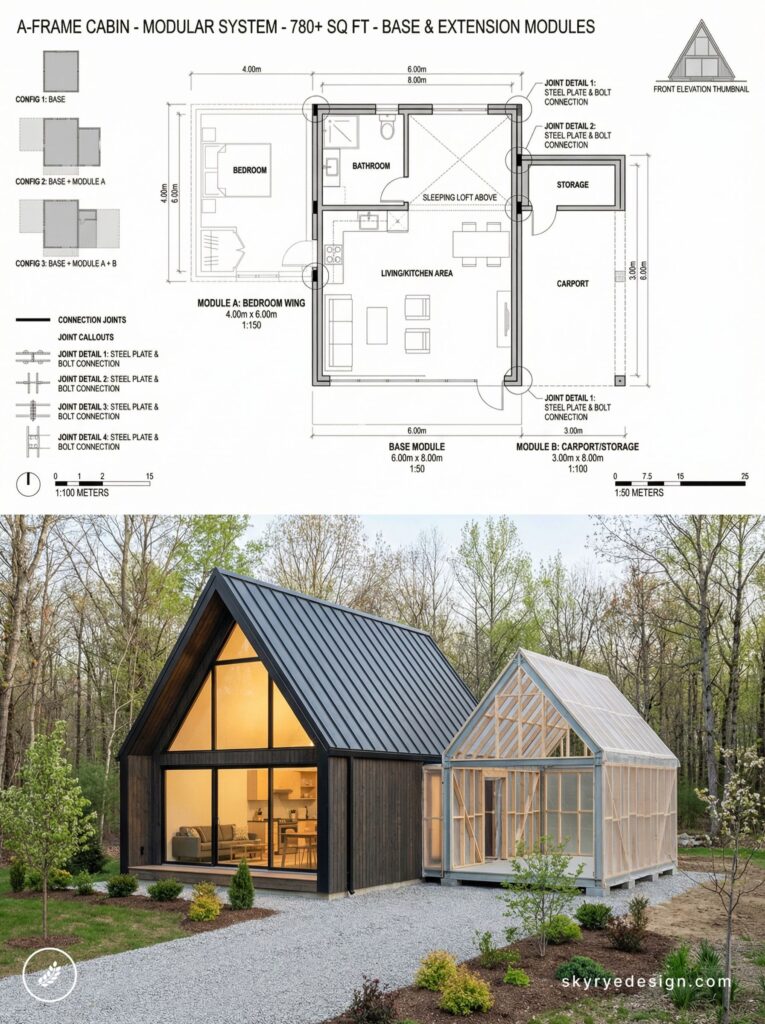Modular A-frame cabin with floor plan above, black wood exterior, glass front and attached greenhouse/storage module in woods