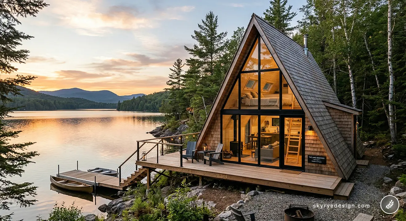 Cozy A-frame lakeside cabin with glass wall, wooden dock and rowboat at sunset in forested mountains