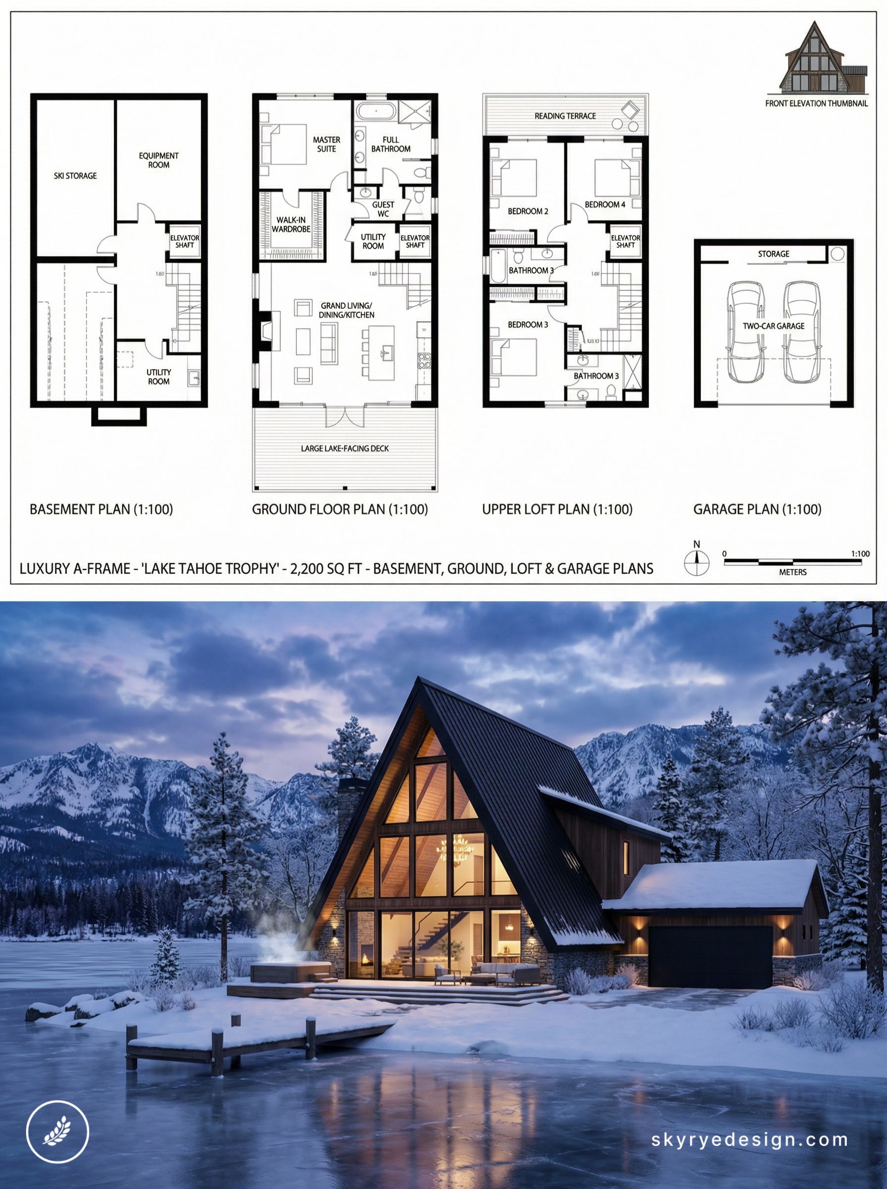 Lakefront A-frame cabin floor plans with winter exterior rendering showing lakeside dock, hot tub, two-car garage