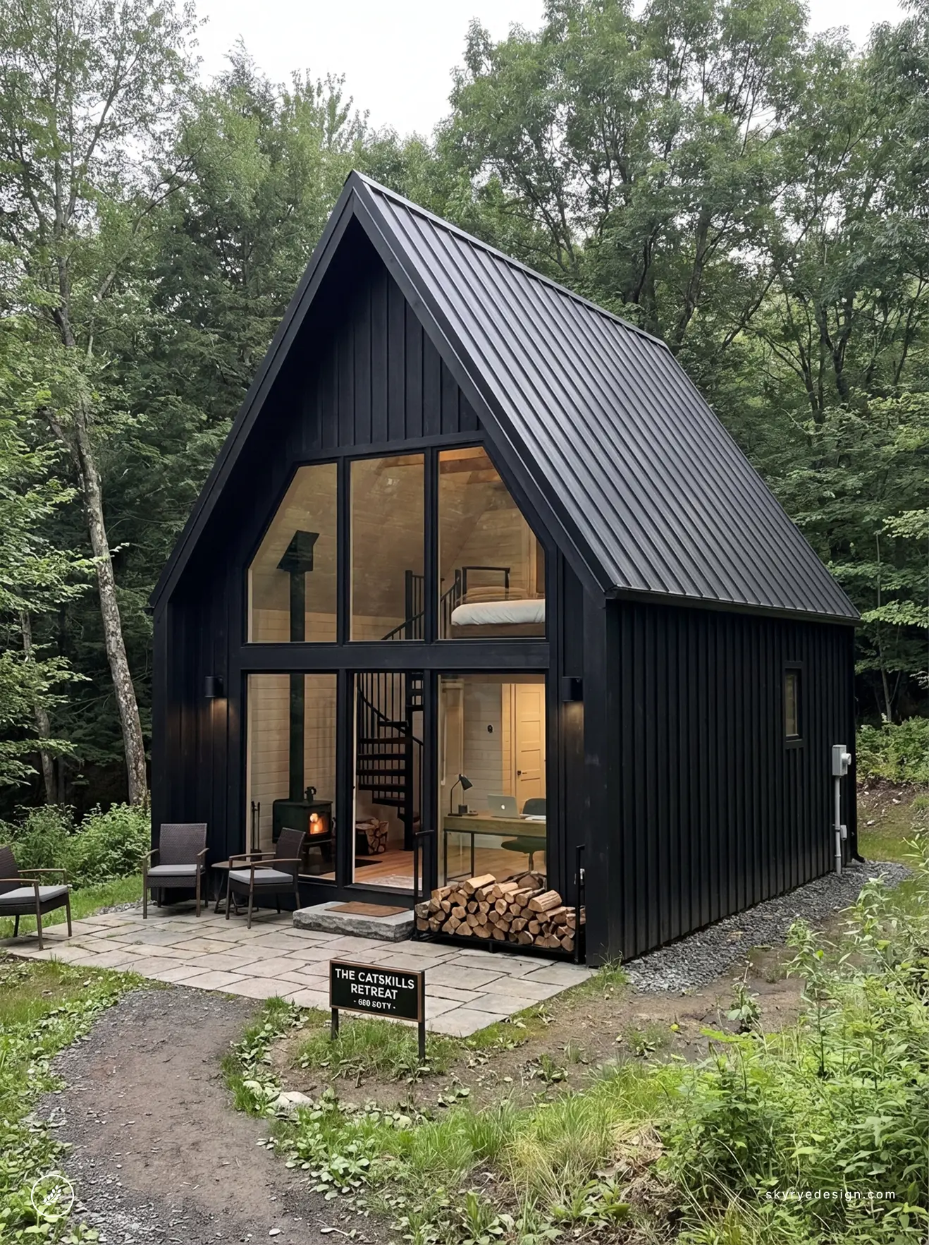 Modern black A-frame cabin in wooded Catskills retreat with floor-to-ceiling windows, stacked firewood and patio seating