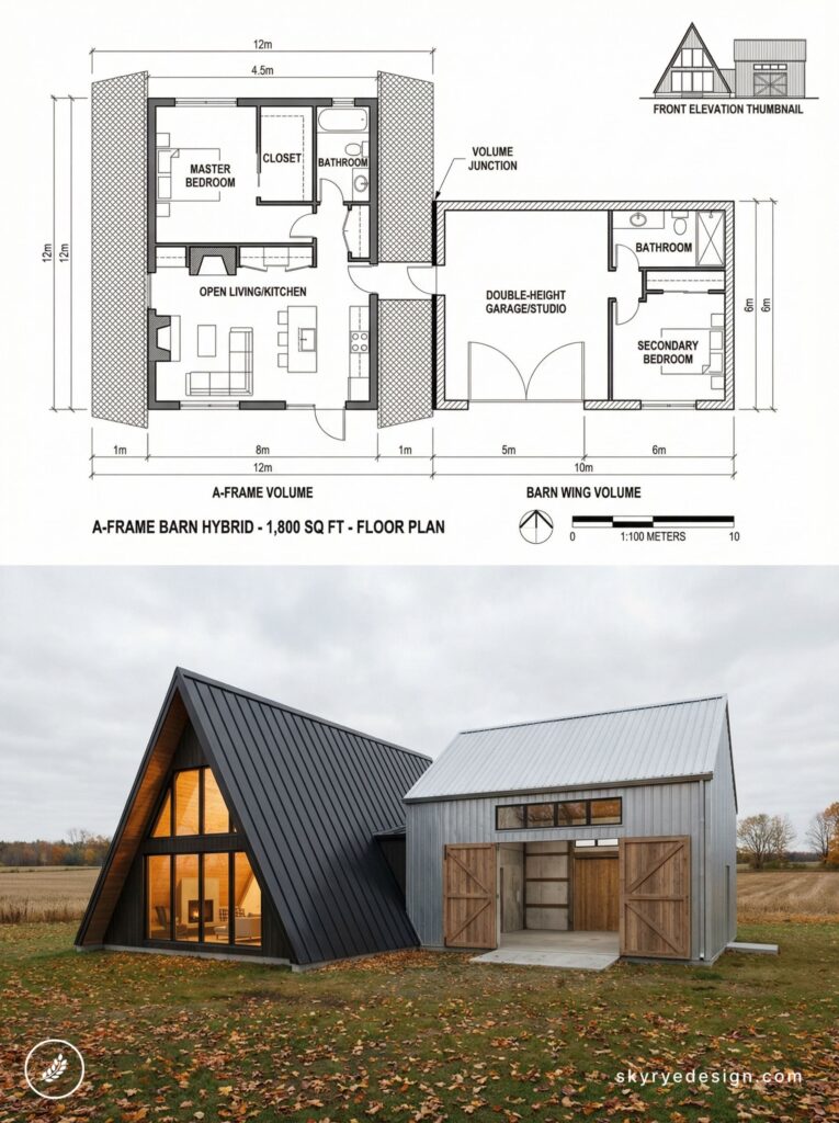 A-frame barn hybrid 1,800 sq ft floor plan above photo of modern A-frame home with barn wing, metal siding and wooden doors
