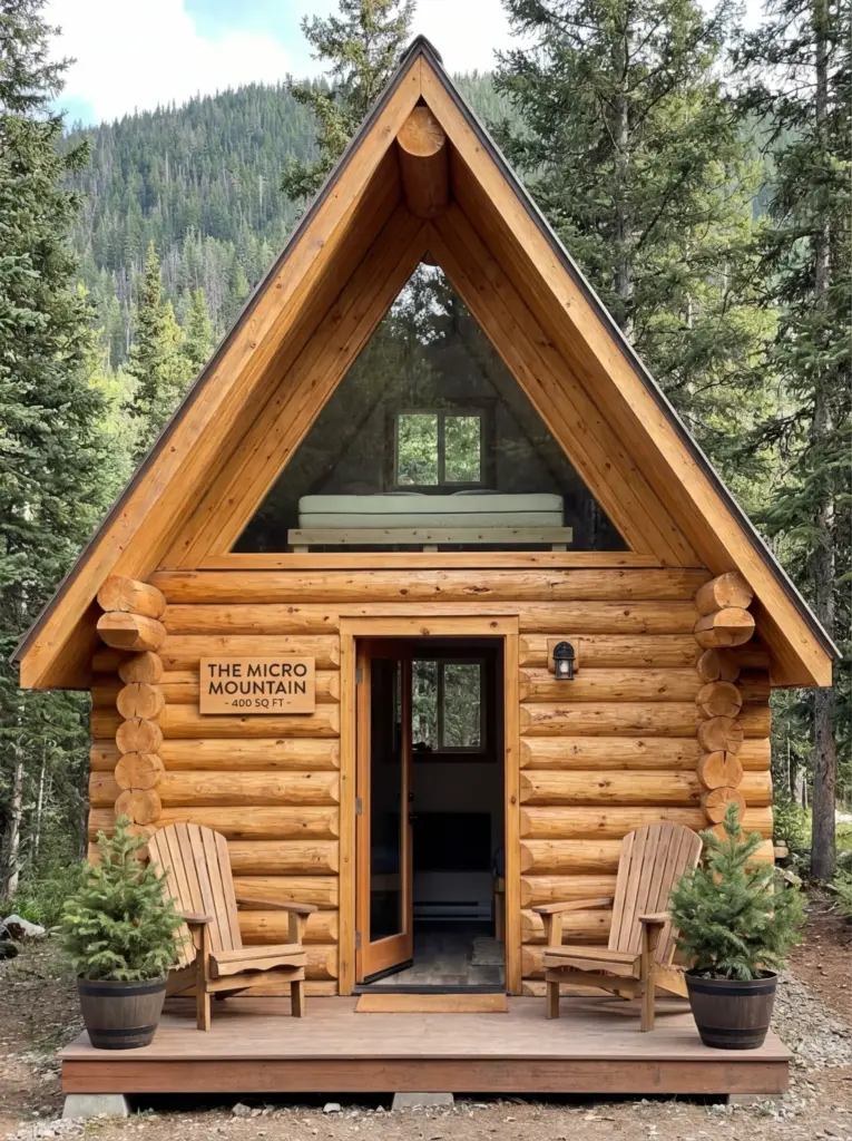 A-frame log micro-cabin 'The Micro Mountain' 400 sq ft with porch, Adirondack chairs, potted evergreens and visible loft bed