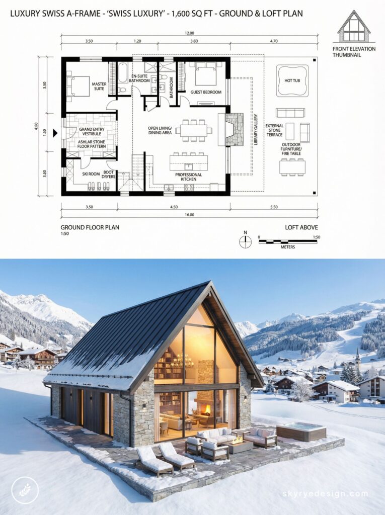 Luxury Swiss A-frame chalet: 1,600 sq ft floor plan above and snowy exterior 3D render with glass facade, terrace and hot tub