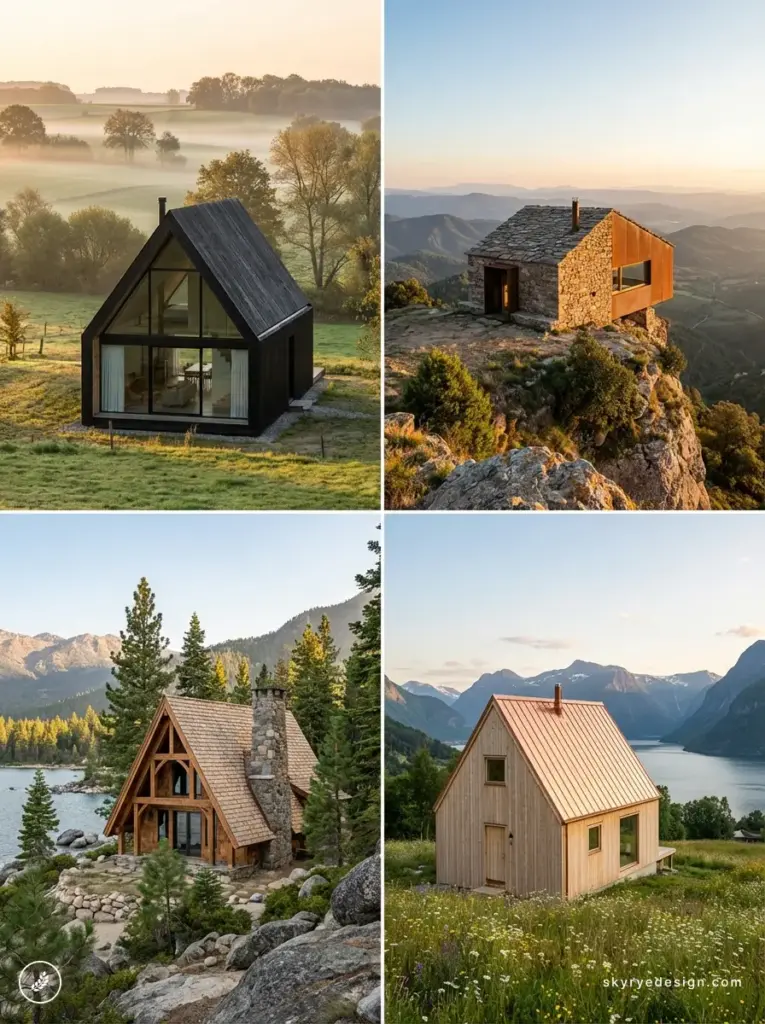 Collage of four cabins: black A-frame, stone cliff hut, timber lakeside lodge, wooden meadow cabin with mountain views