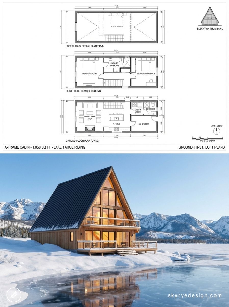 A-frame cabin 1,050 sq ft floor plans and winter Lake Tahoe rendering of modern wood lakeside home