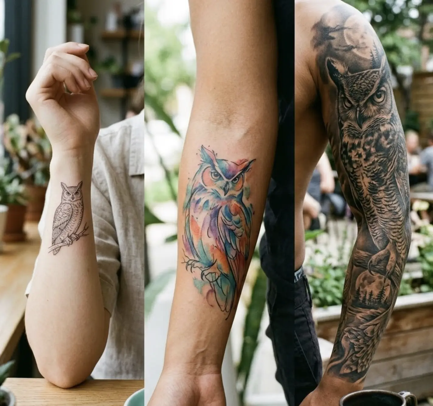 Three forearm owl tattoo ideas, minimalist line art, vibrant watercolor owl, and realistic blackwork full sleeve.