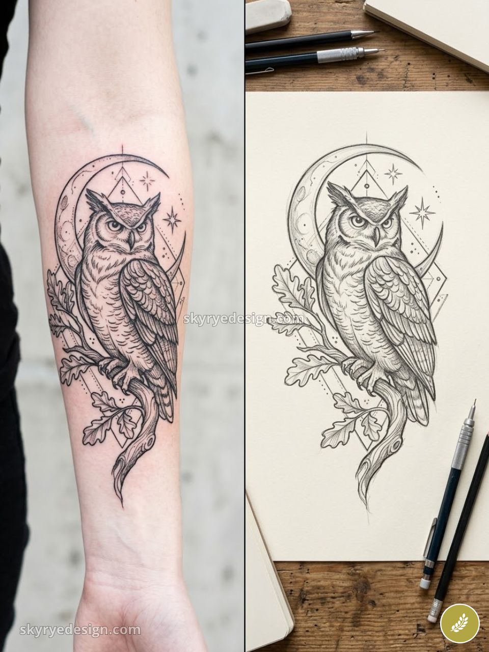 Owl tattoo forearm design, black linework crescent moon and oak branch, shown beside original pencil sketch