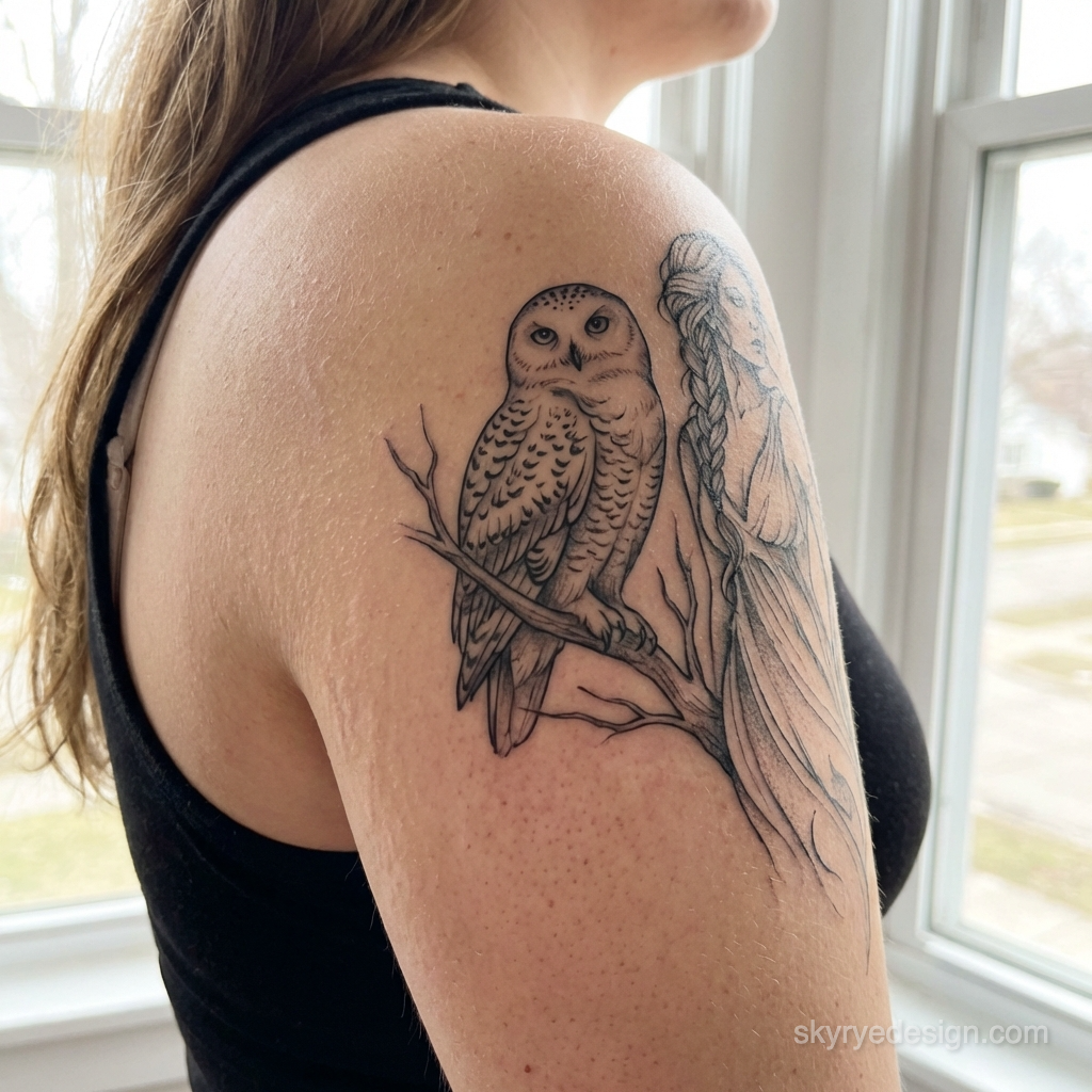 Upper arm owl tattoo in black ink with braided woman figure, fine-line nature-inspired design