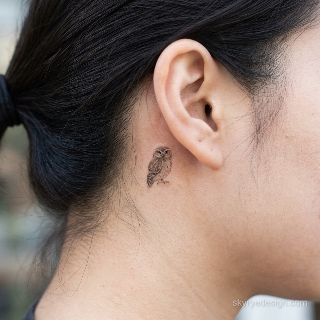 Owl tattoo behind ear - tiny detailed micro owl tattoo on neck, minimalist brown ink