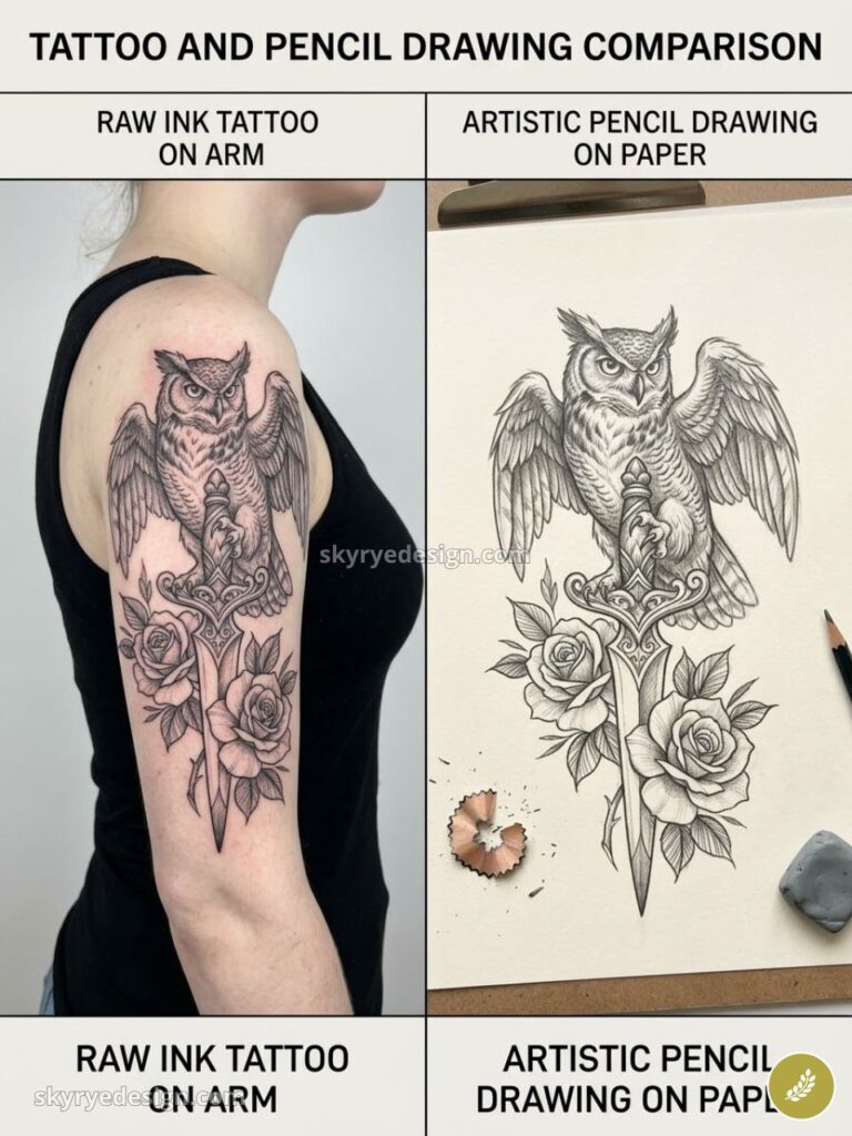 Side-by-side: owl perched on sword with roses tattoo on upper arm vs pencil drawing of same design