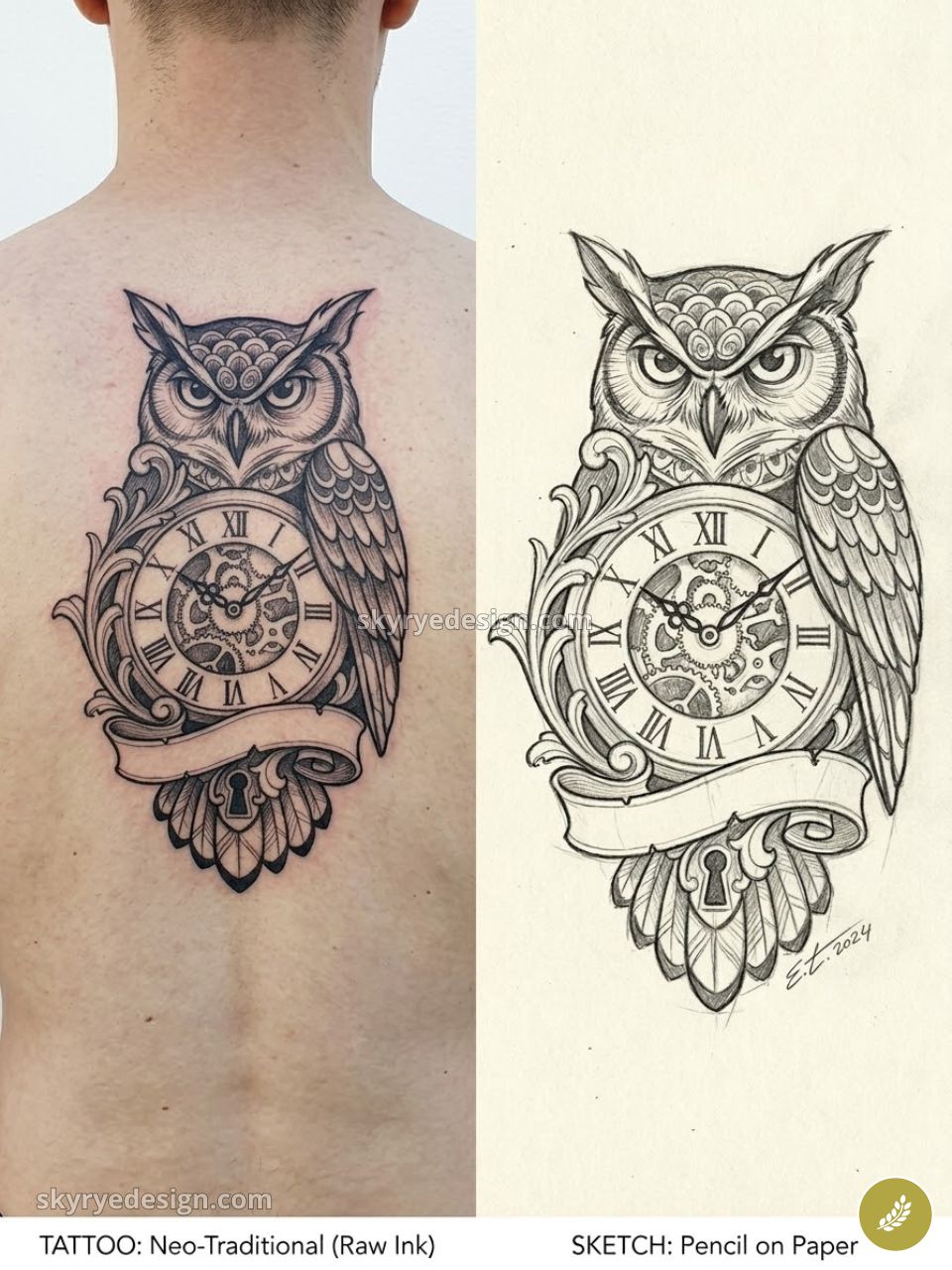 Owl clock neo-traditional back tattoo in black ink with Roman numerals, ornate feathers and keyhole, shown with pencil sketch