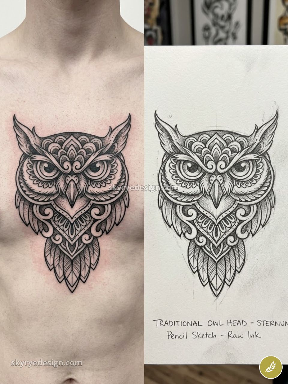 Ornamental blackwork owl chest tattoo alongside pencil sketch, symmetrical mandala-style linework and feather details