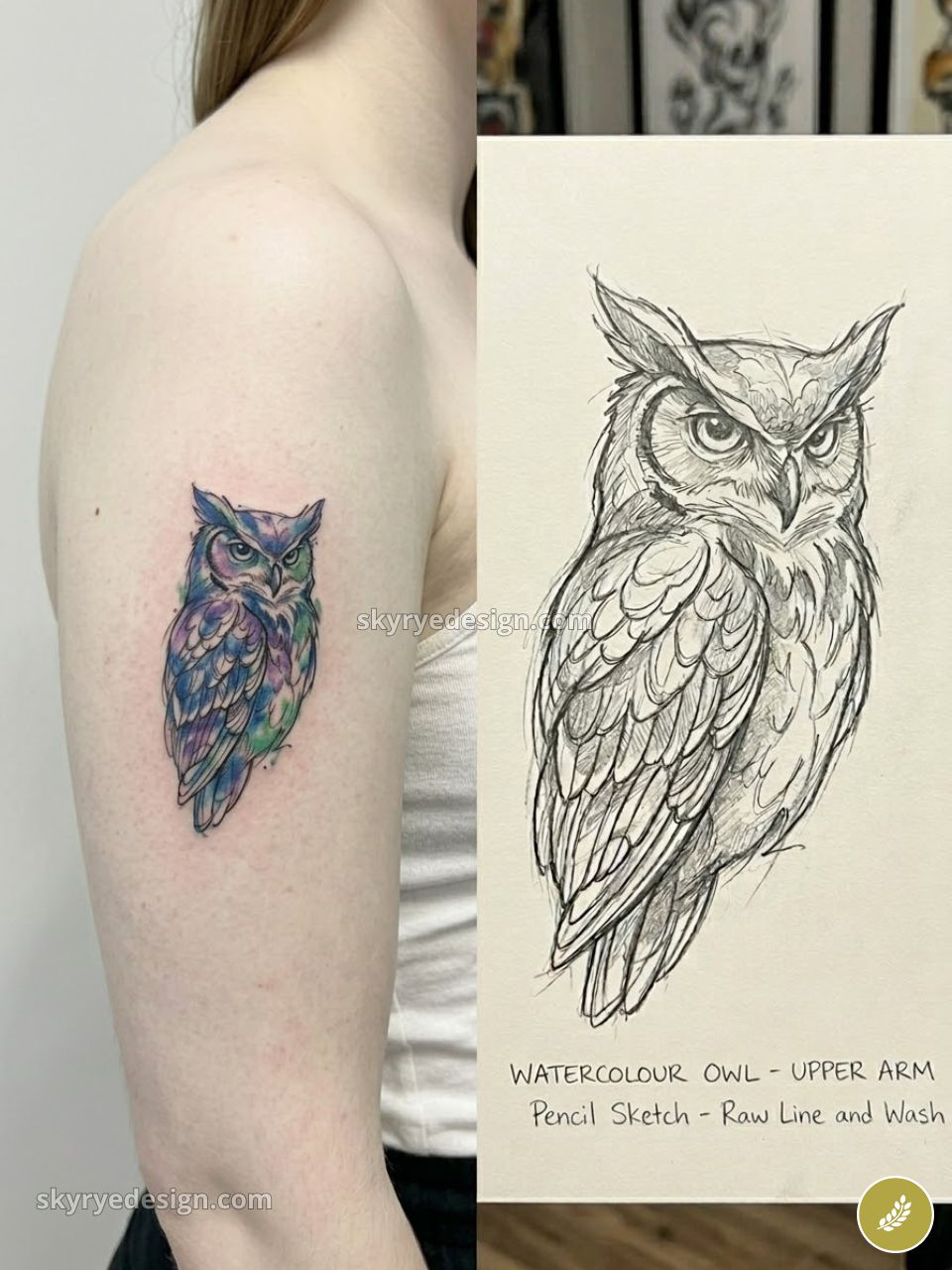 Watercolour owl tattoo on upper arm with matching pencil sketch: colorful blue-purple feathers, tattoo reference art