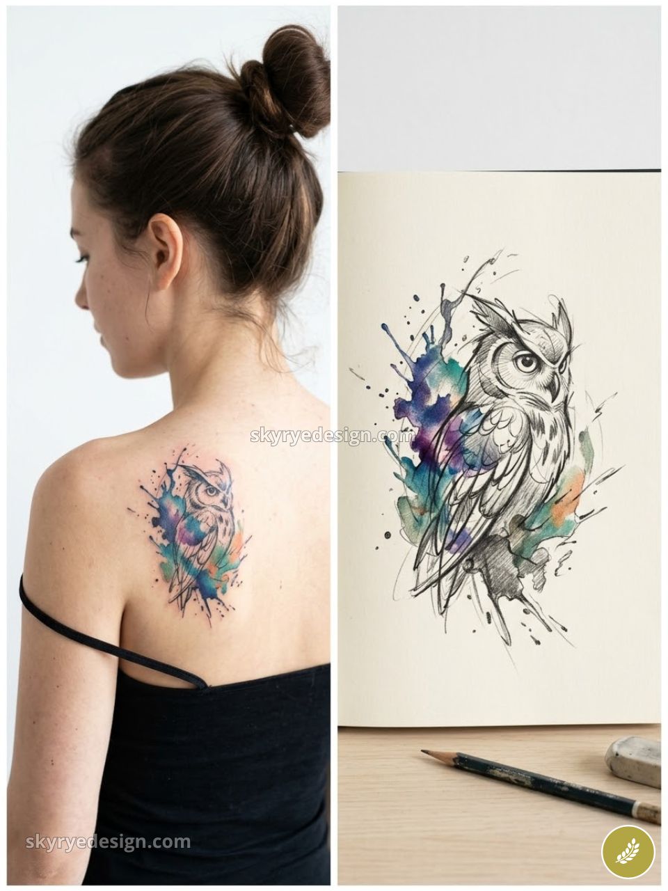 Watercolor owl tattoo on woman's upper back with matching sketch, vibrant owl shoulder tattoo design inspiration