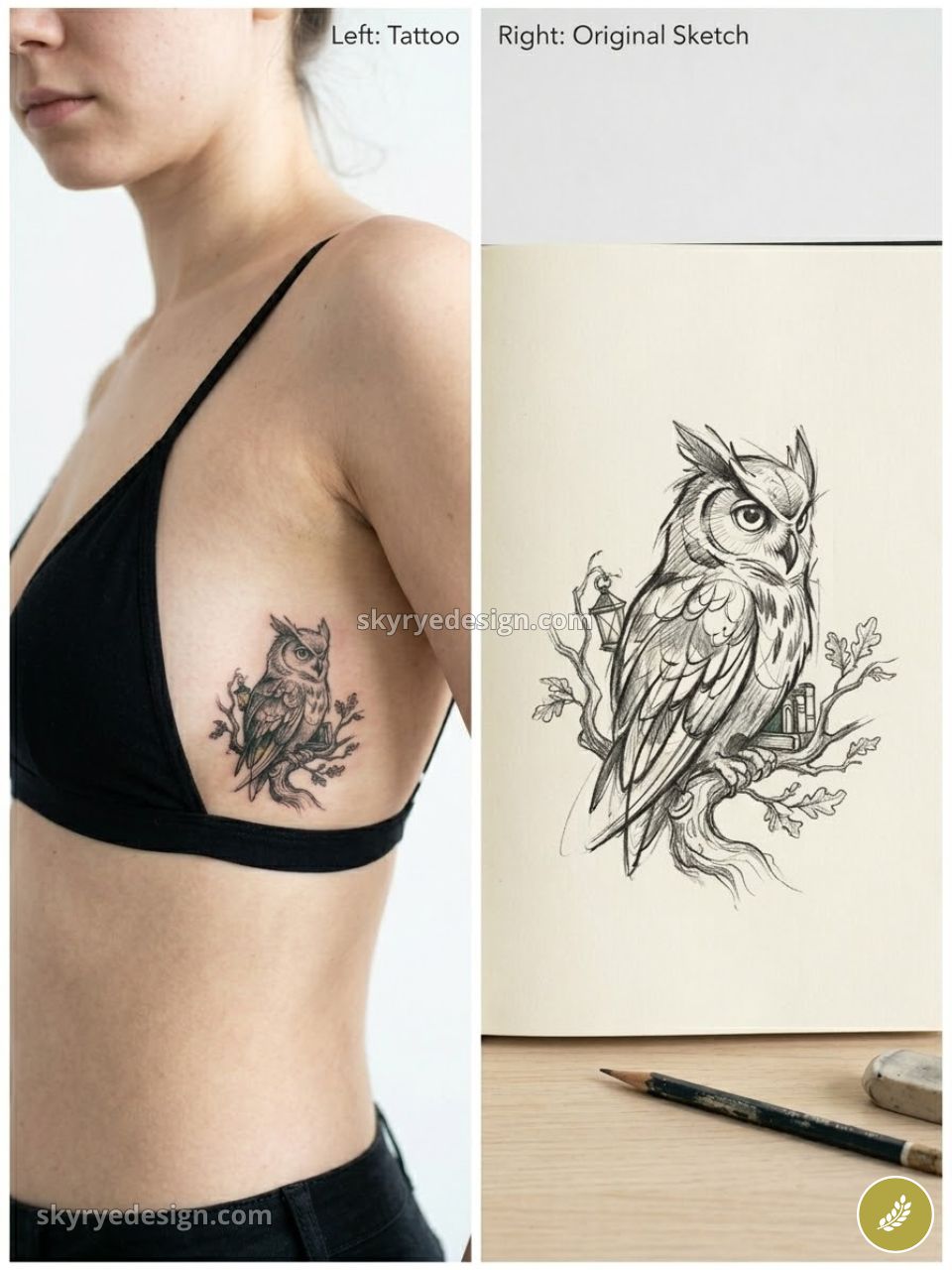 Side-by-side owl tattoo on woman's ribcage next to original pencil sketch - detailed black ink branch tattoo design