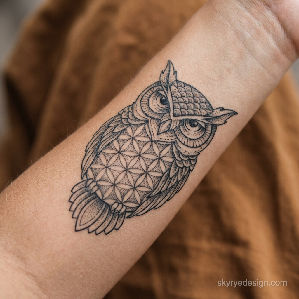 Forearm owl tattoo, black ink geometric mandala with dotwork and detailed linework