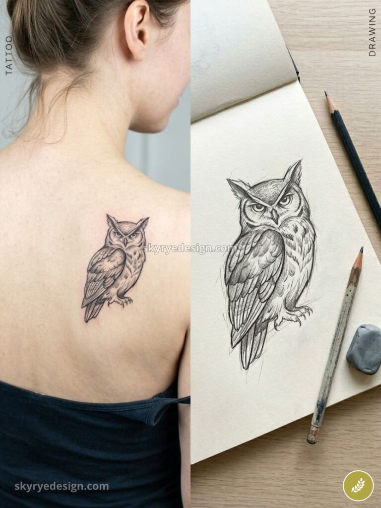 Owl tattoo on shoulder blade with matching pencil sketch in notebook, detailed black linework