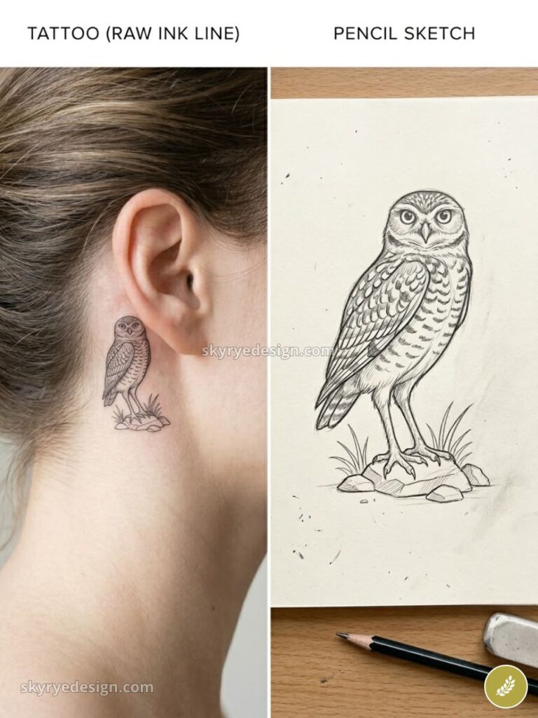 Small raw-ink owl tattoo behind ear beside pencil sketch of a detailed owl tattoo design on paper