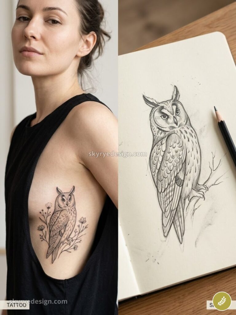 Owl tattoo design on side torso with floral accents beside pencil sketch in open sketchbook - minimalist tattoo idea