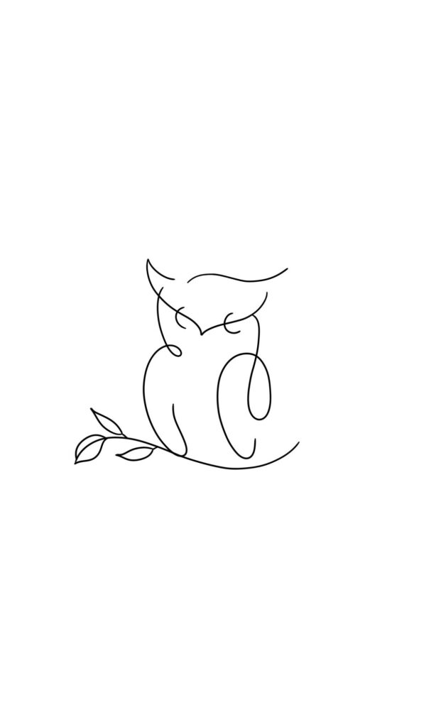 Minimalist continuous-line drawing of an owl perched on a leafy branch, black outline on white background.