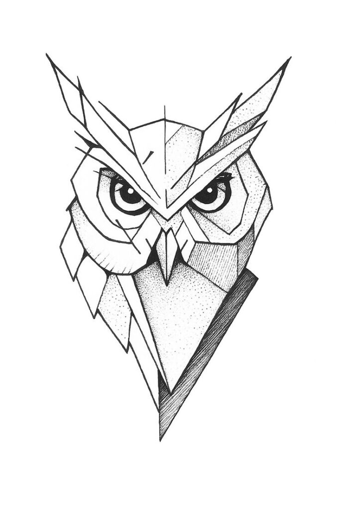 Geometric owl tattoo design — black-and-white line art sketch with sharp angles, bold eyes, and stippled shading