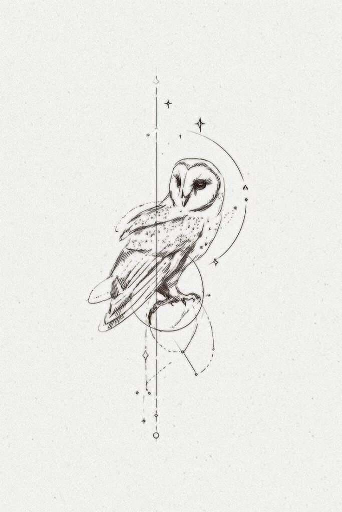 Minimalist line-art barn owl illustration with celestial geometric lines, stars and constellation on textured white background