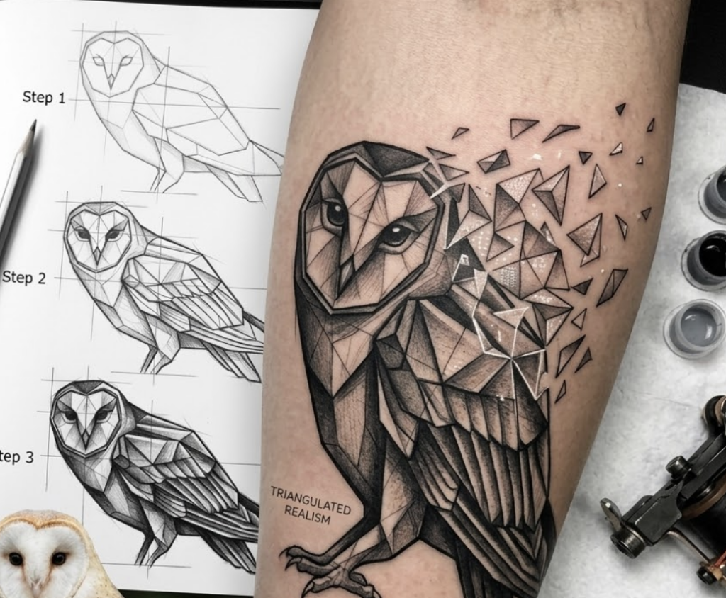 Triangulated realism geometric owl tattoo on forearm with step-by-step sketch sheet, black-and-gray shading