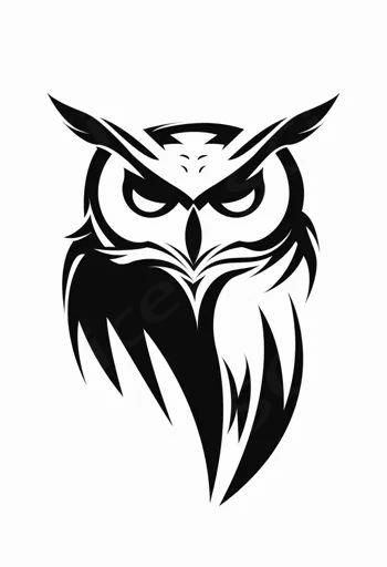 Stylized black tribal owl logo on white background, fierce owl emblem for branding and mascot design