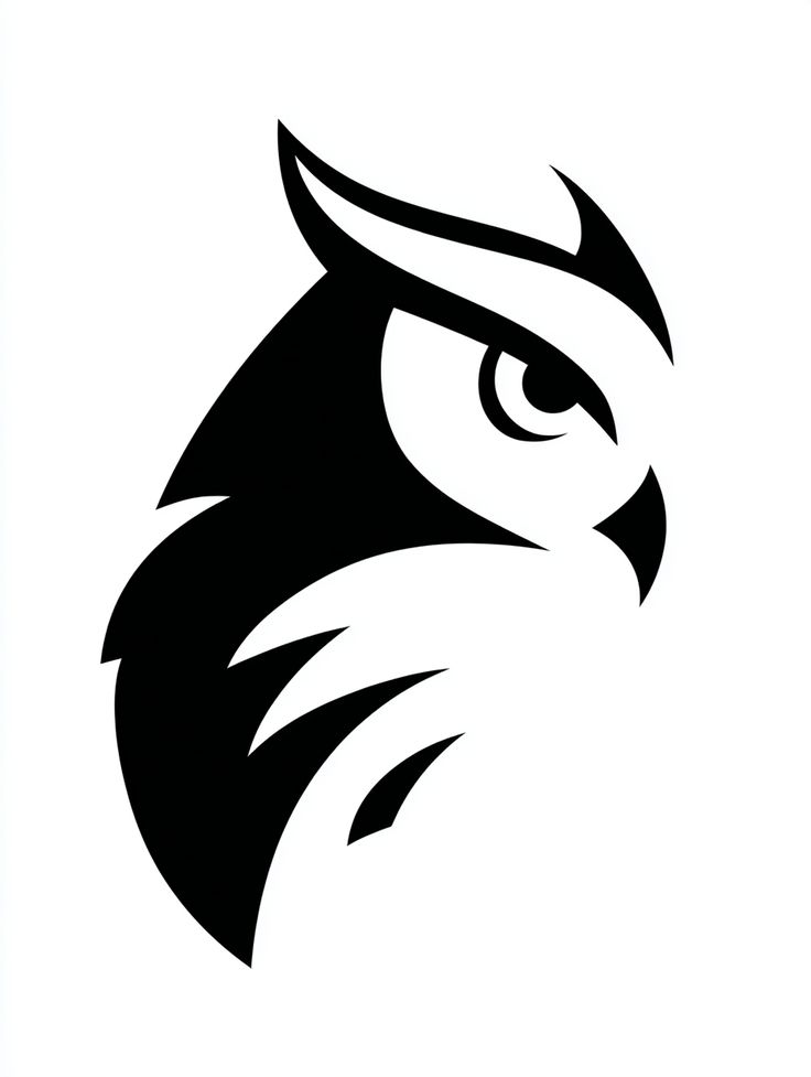 Black-and-white owl logo: stylized minimalist vector owl head with sharp eye and feather accents