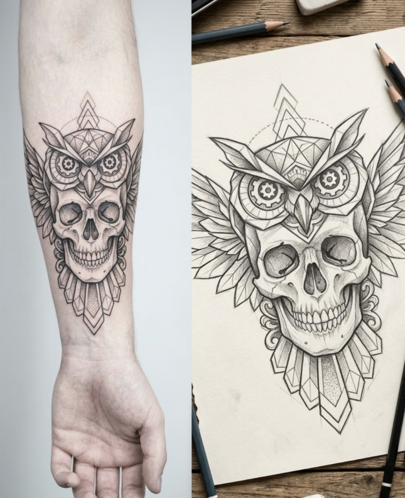 Forearm blackwork owl skull tattoo beside pencil sketch of geometric owl-and-skull tattoo design
