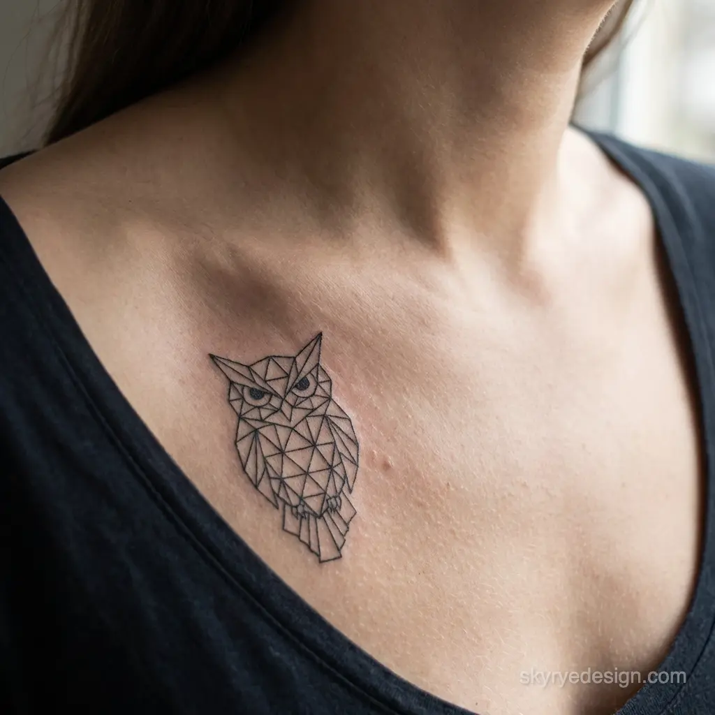 Geometric owl tattoo in black linework on person's collarbone and upper chest, minimalist small tattoo design