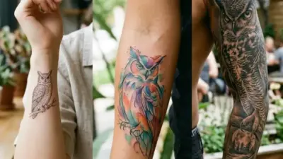 Three forearm owl tattoos: minimal line-art, vibrant watercolor owl, and detailed black realistic sleeve design