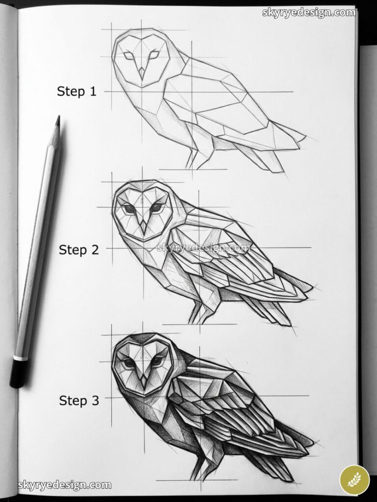 Barn owl drawing tutorial: three-step geometric pencil sketch on a sketchbook page with pencil