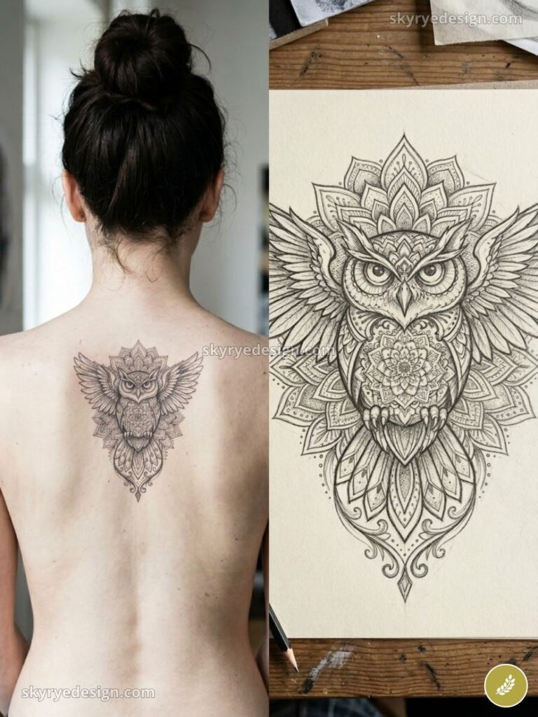 Intricate mandala owl back tattoo on woman's upper back beside detailed pencil tattoo design sketch