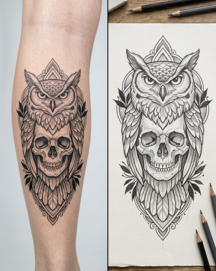 Owl skull tattoo design on forearm in black linework beside matching detailed pencil sketch and drawing pencils