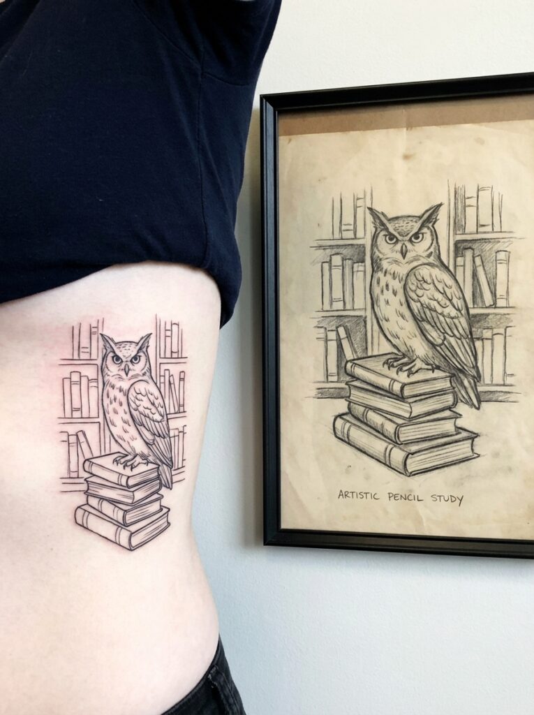 Line-art owl tattoo perched on stack of books on a person's ribcage beside framed pencil sketch