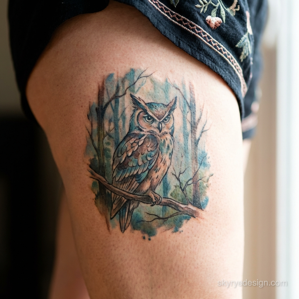 Watercolor owl thigh tattoo with blue-green forest background, perched on branch, detailed illustrative design