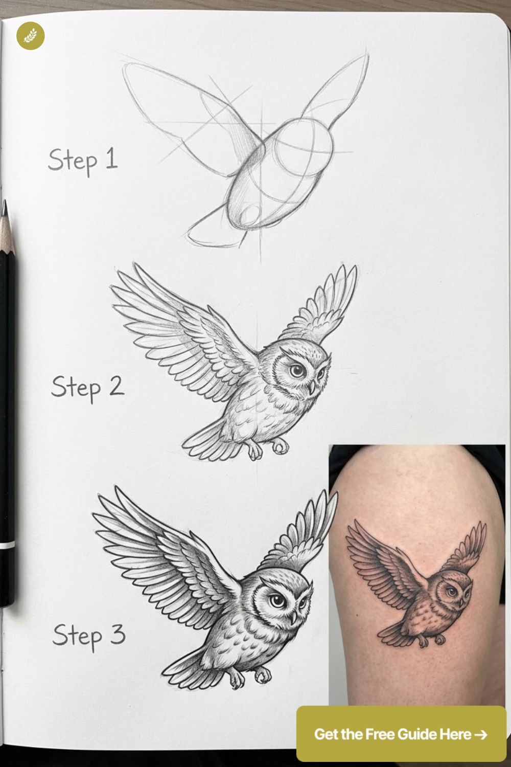 Owl tattoo drawing tutorial: three-step pencil sketches from basic shapes to detailed owl, with final tattoo on thigh