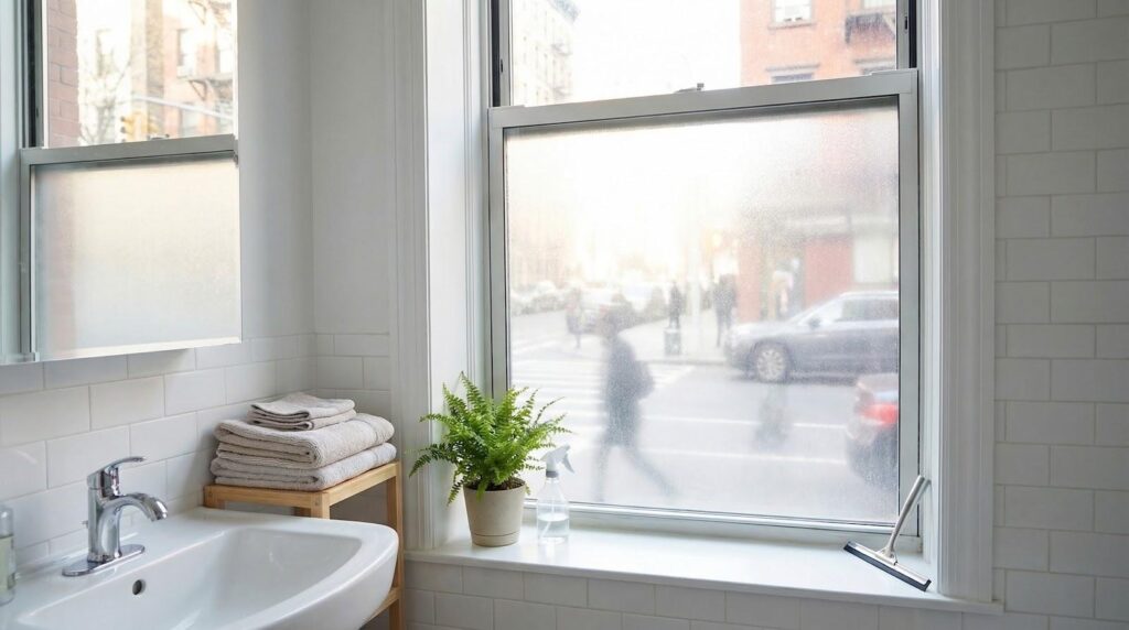 Frosted bathroom window film with city view, sink, folded towels and potted fern for privacy and natural light.