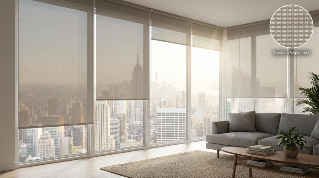 Modern living room with sectional sofa, coffee table and light-filtering roller shades on city-view floor-to-ceiling windows
