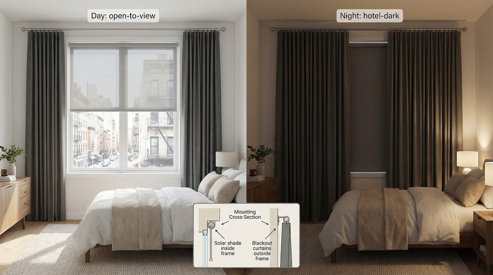 Split day/night bedroom with layered window treatments: solar shade by day, blackout curtains (hotel-dark) by night
