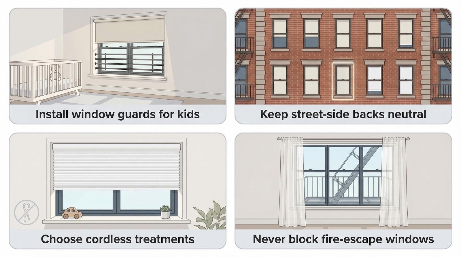 Apartment window safety: install guards, keep street-side backs neutral, use cordless treatments, don't block fire escape
