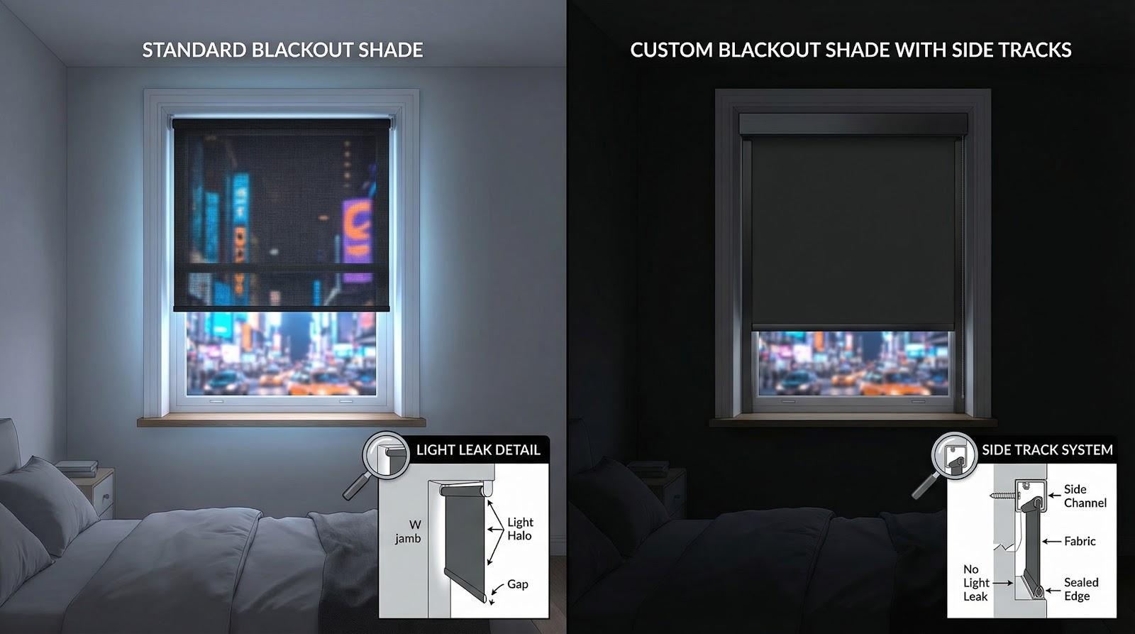 Blackout shade comparison: standard vs custom with side tracks, shows reduced light leak at window