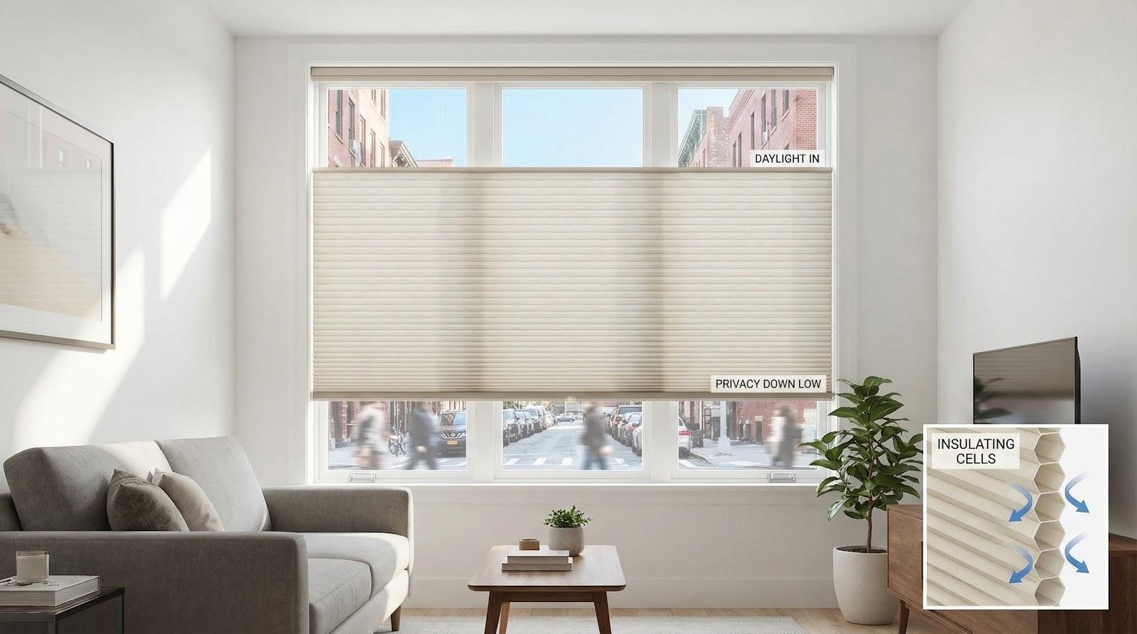 Beige honeycomb cellular shades in living room, energy-efficient blinds with top daylight and bottom privacy