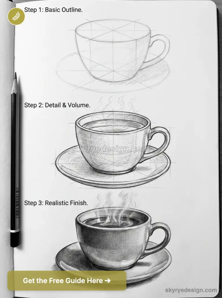 Coffee cup drawing tutorial: three-step pencil sketch showing cup and saucer from basic outline to realistic finish.